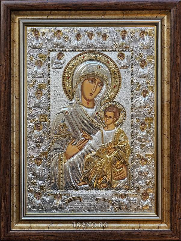 Сребърна икона на Света Богородица Иверска Вратарница с медальони на светци и позлата