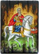 Ръчно рисувана икона на Свети Мина на бял кон (Рустикален стил)